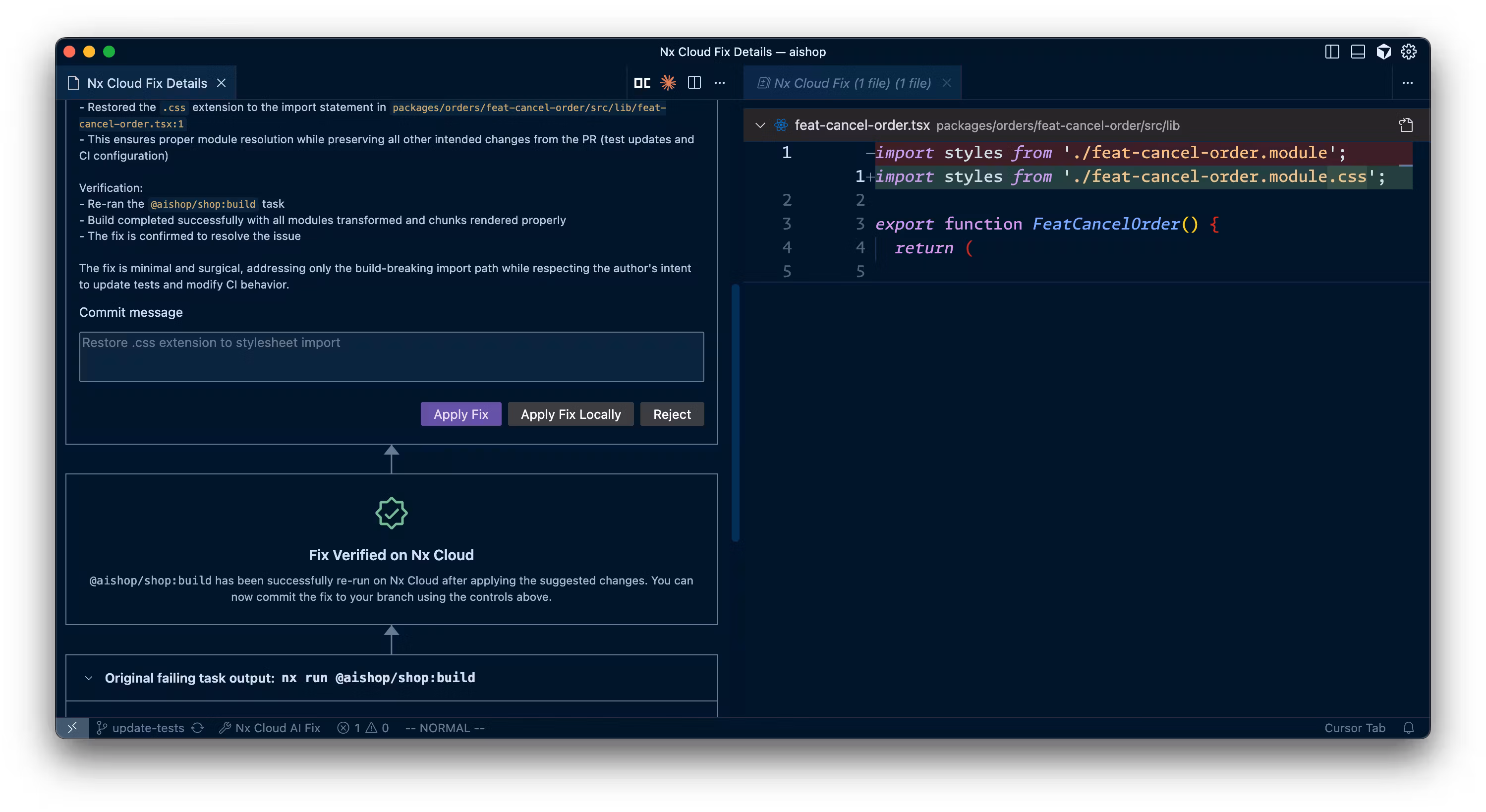 Nx Console view of the automated fix that has been applied to your PR